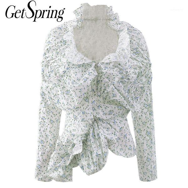 

getspring women blouse floral printed women shirts ruffled pleated irregular ladies temperament vintage blouse long sleeve1, White