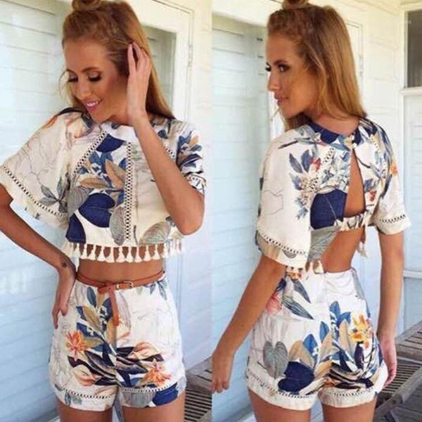 

fashion womens backless ruched two pieces cami sleeves tassel pant print suit summer girl's short blouse set with pants1, White