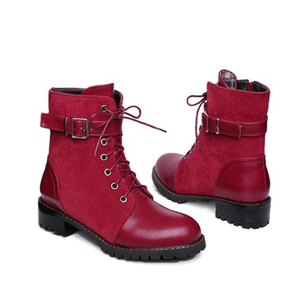 

2021 новый уличный стиль круглый носок лодыжки мода кружевной пряжки молния средние каблуки крепкие мотоцикла сапоги женские туфли 56l9, Black