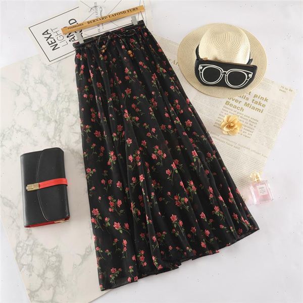 

floral print long womens skirts casual elegant loose elastic waist spring clothes blacke color high street femme boho skirts, Black