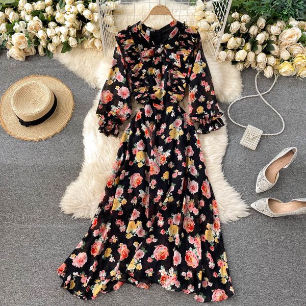 

2021 new singer chiffon floral feminine neck puff ruffle line chic autumn boho impression long dress holiday zcwl, Black;gray