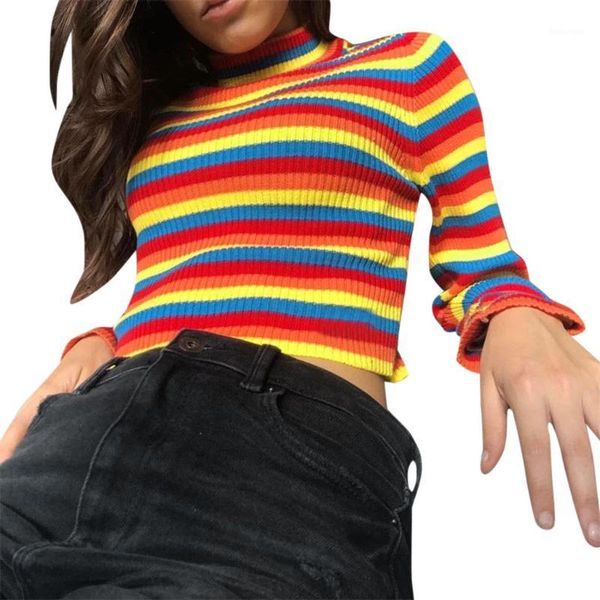

rainbow stripes sweater jumper knitwear 2020 fashion slim women's turtlenecks sweaters and pullovers colorful pull #lr41, White
