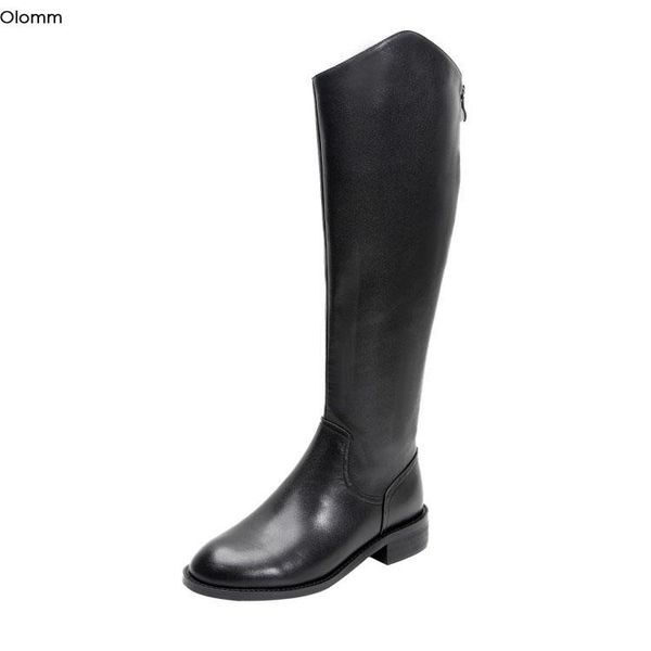 

boots olomm women winter knee high leather square low heels charm round toe elegant black club shoes us size 3-9