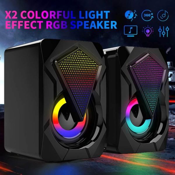 

x2 gaming speaker 6w hifi stereo heavy bass music player aux 3.5mm usb wired rgb light effect deskspeaker pc gamer