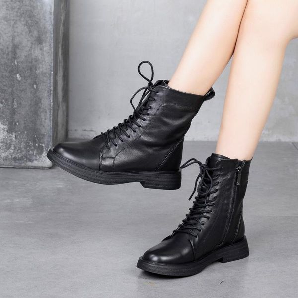 

genuine leather women boots british style lacing autumn shoes 2020 new side zipper cowhide booties lady martin shoe, Black