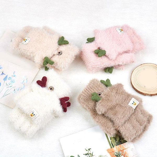 

five fingers gloves winter warm plush knitted women cartoon antlers flip half finger fur elk horn outdoor fingerless mittens, Blue;gray