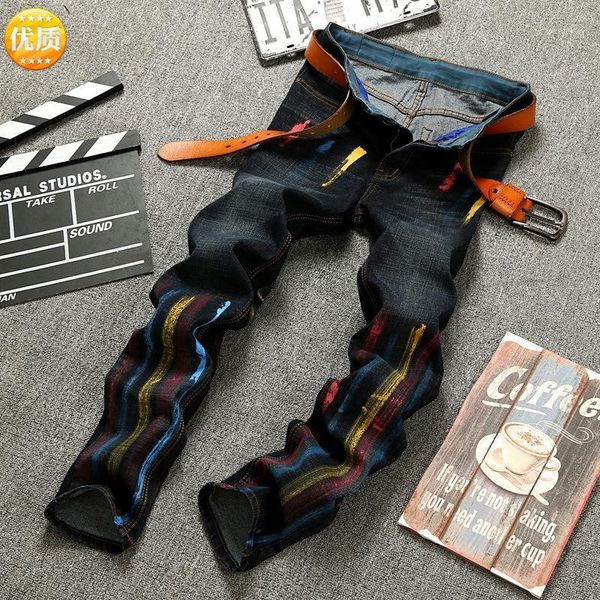 

european and american men's jeans elastic fashion brand personalized hand painted splash ink paint slim straight jeans1, Blue