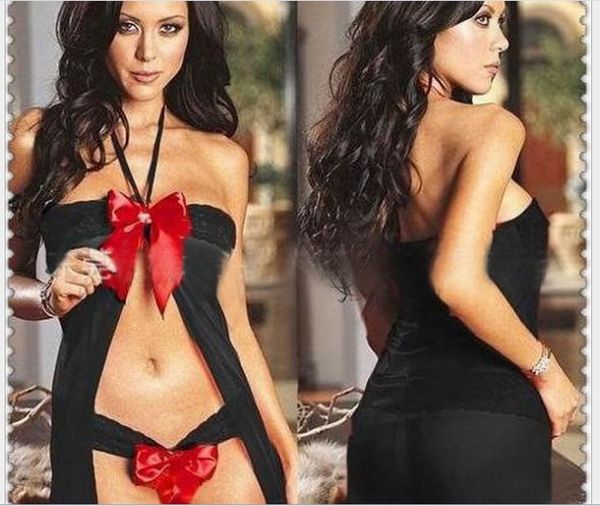 

new european and american underwear transparent gauze front slit suspends skirt bowknot suit, Red;black