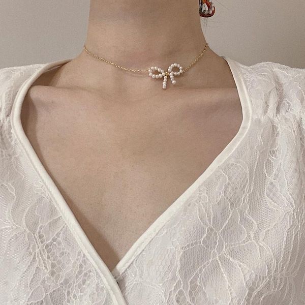 

retro natural pearl necklace choker clavicle chain bow-knot aesthetic necklace for woman friends kpop jewelry, Golden;silver