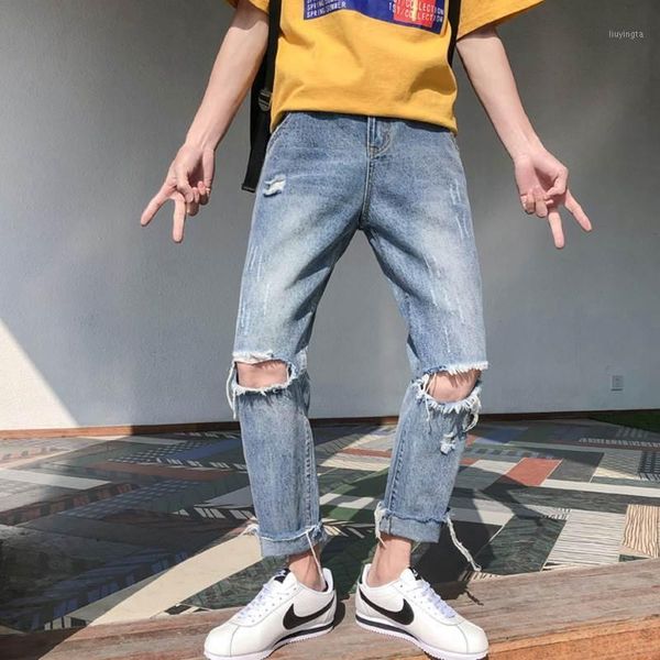 

fashion 2019 summer men's thin loose streetwear washing ripped knee hole pants casual students cowboy blue harem jeans hombre1