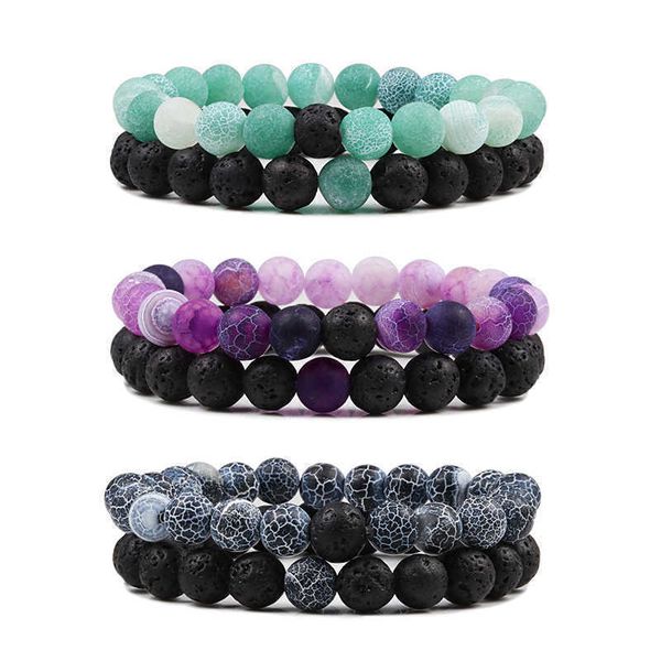 

1-2pcs beaded bracelets bangles set natural lava stone couples distance energy elastic rope men women friend jewelry gift, Black