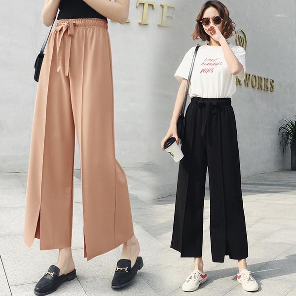 

women ladies vintage loose high waist long trousers elastic waist casual palazzo pants culottes pants pantalones1, Black;white