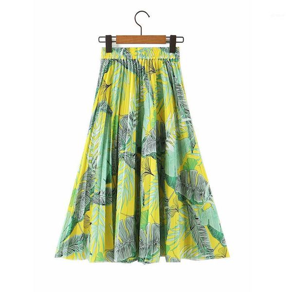 

summer women skirts 2020 flower print empire high elastic women midi skirt big swing party holiday high street1, Black