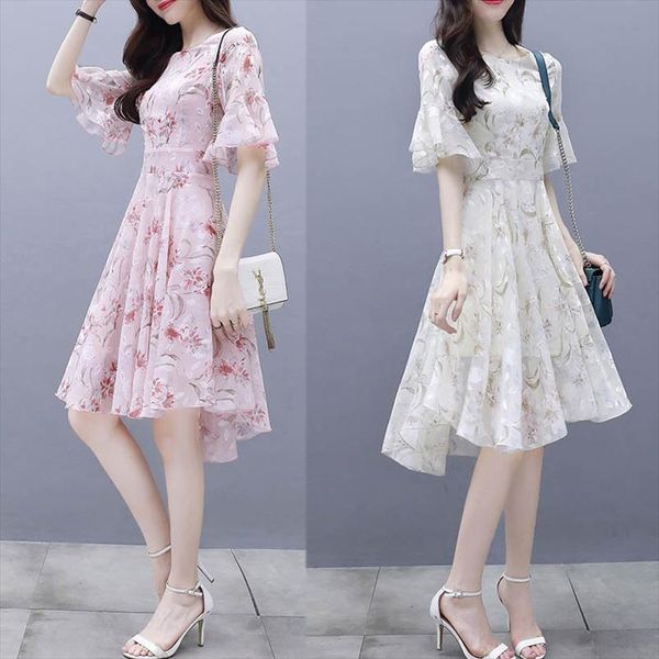 

женщины платье 2020 лето девушка цветочных печатей шифоновых нерегулярных оборки вскользь тонкой платья корейского beach party vestidos, Black;gray