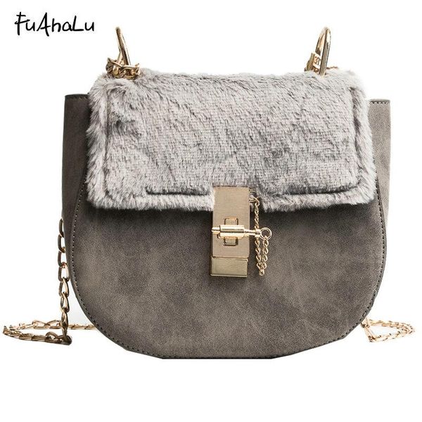 

fuahalu women autumn and winter new fashion personality plush chain wild shoulder oblique round package