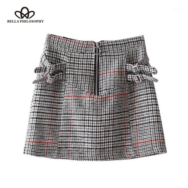 

herstory 2020 winter women vintage above knee skirts casual plaid sashes skirts new fashion empire a line female1, Black