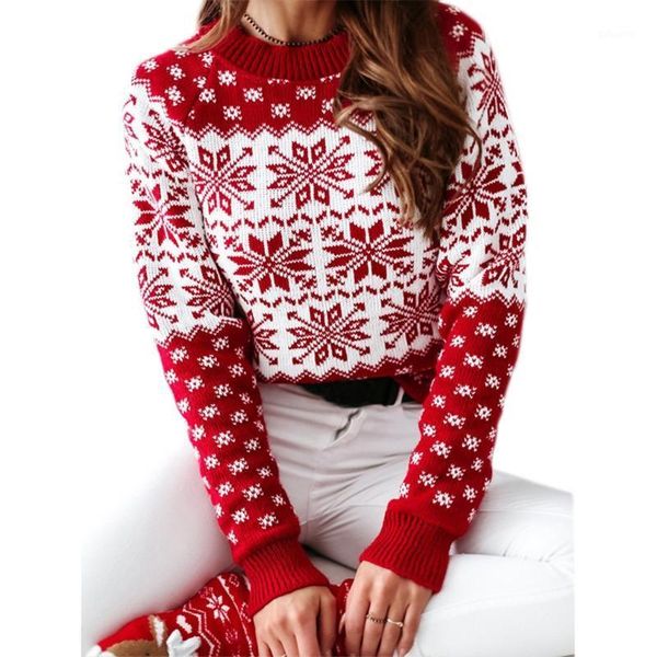 

women christmas long sleeve sweater geometric snowflake knit o-neck jumper c6ud1, White;black