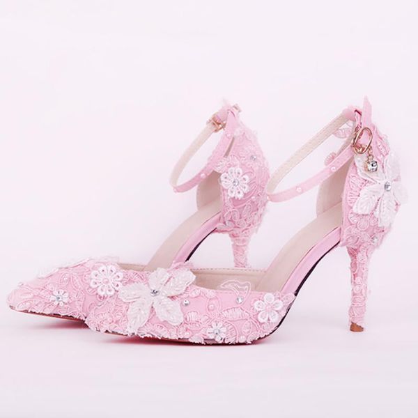 

dress shoes 9cm high heels wedding women pumps blue pink crystal lace flower stiletto buckle strap bridal party ladies1, Black