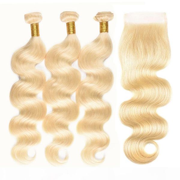 

brazilian cuticle aligned 613 blonde hair bundles with lace closure items body wave human hair 3 wefts with 4x4 lace closure, Black;brown