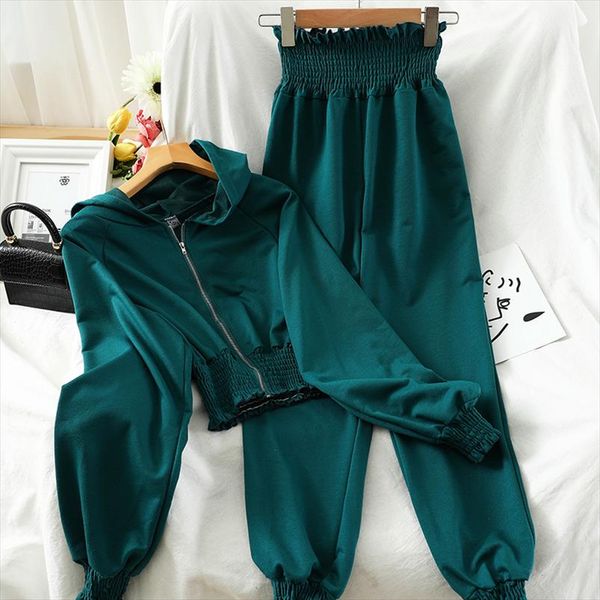 

2021 new spring autumn fashion two piece set short slim waist hooded sweatershirts stretch waist harem pants suit women tz498, Gray