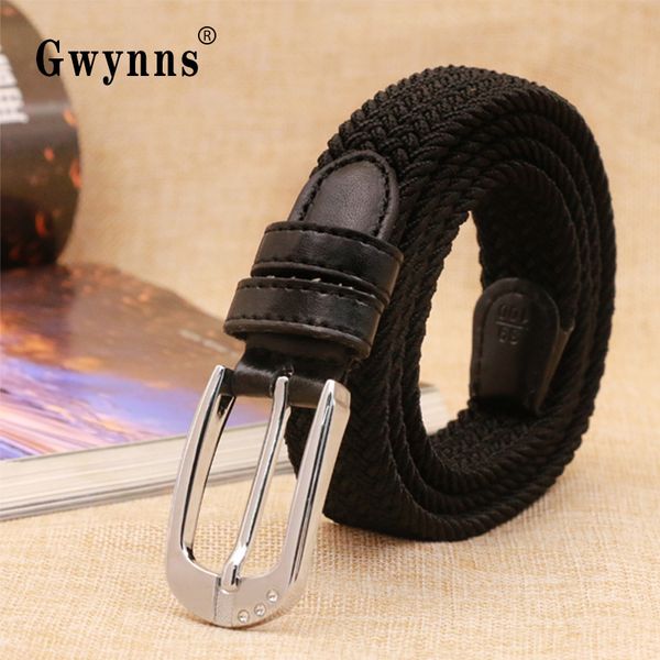 

women's narrow needle buckle woven belt elastic fine hole breathable canvas children's trousers trend, Black;brown