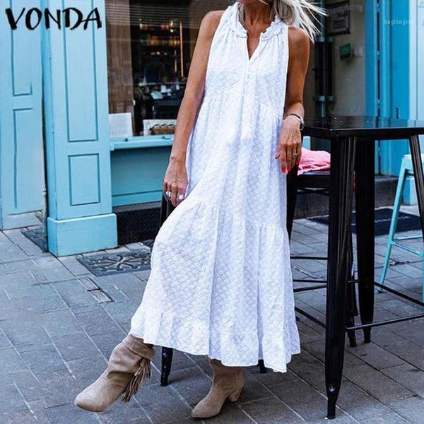 

vonda summer sleeveless maxi dress plus size v neck solid color party dresses casual loose beach bohemian vestidos 5xl robe1, Black;gray
