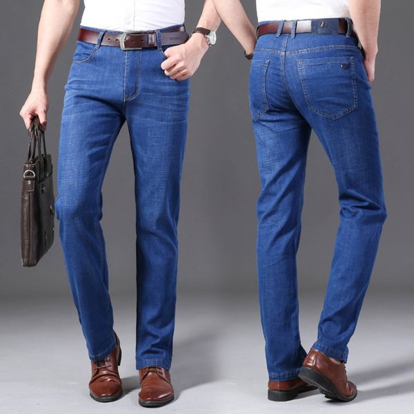 

мужские летние джинсы тонкий лед случайные jeansjeans и jeanssilk голубой среднего возраста случайные брюки прямые свободные большого размер, Blue