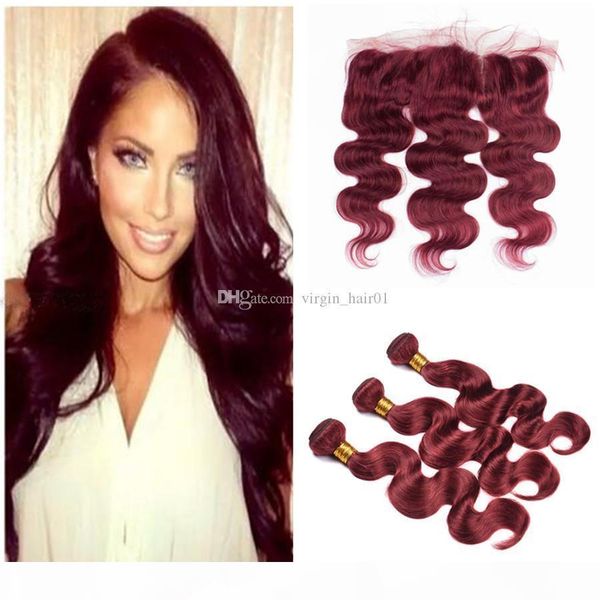 

3 bundles 99j human hair with frontal lace closure 99j wine red straight virgin peruvian hair weaves with 13x4 frontal, Black;brown