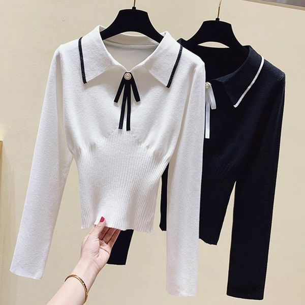 

women's sweaters ljsxls turn-down collar bow sweater women 2021 autumn winter fashion long sleeve knitting soft slim pullover, White;black