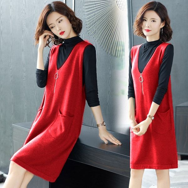 

2020 strapless autumn winter women's dress sleeveless waistcoat winter women's and vest skirt vest skirtmedium length female stude, Gray