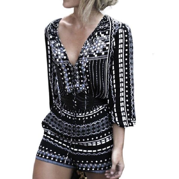 

women one-piece rompers jumpsuit short overalls summer playsuit geometric printed v-neck half sleeve casual wear, Black;white