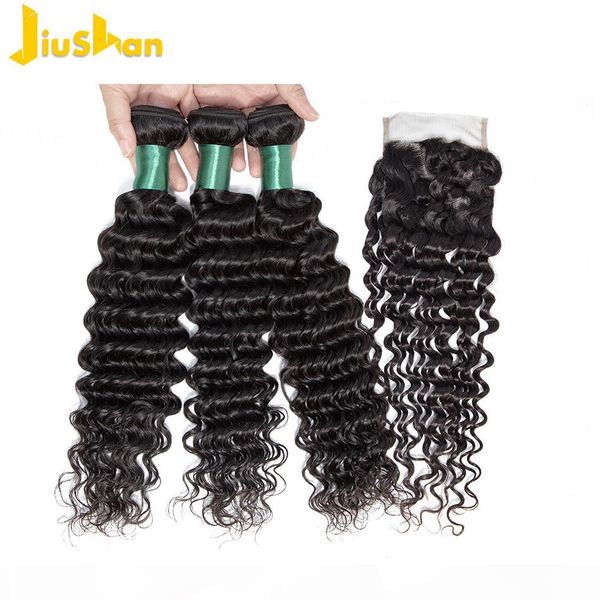 

глубокие волновые пучки с закрытием малайзийские 3 пучка с закрытием 100% человеческих волос. плетение волос с закрытием non my, Black