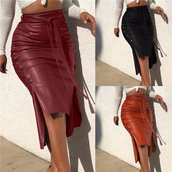 

new bandage women pu leather skirt fashion solid faux leather side split skirt irregular button casual bodycon party1, Black