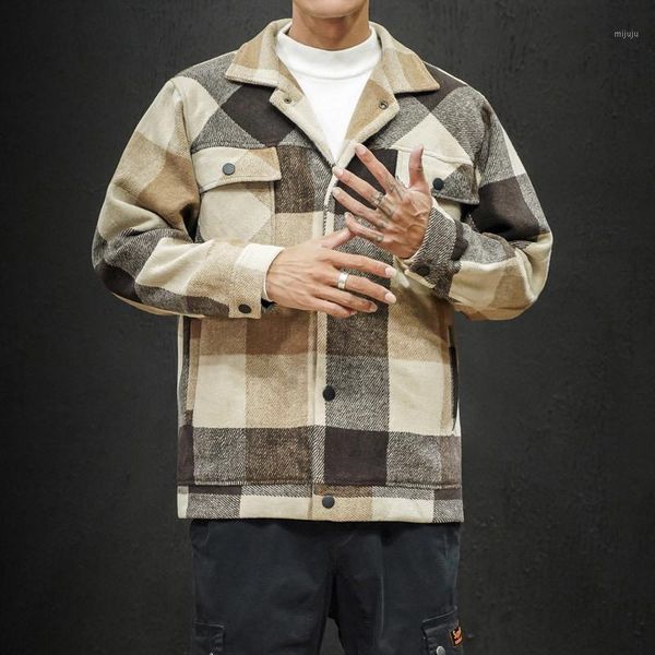 

uyuk2020 winter new loose casual fashion trend lapel single-breasted plaid woolen large size thick men's jacket homme1, Black