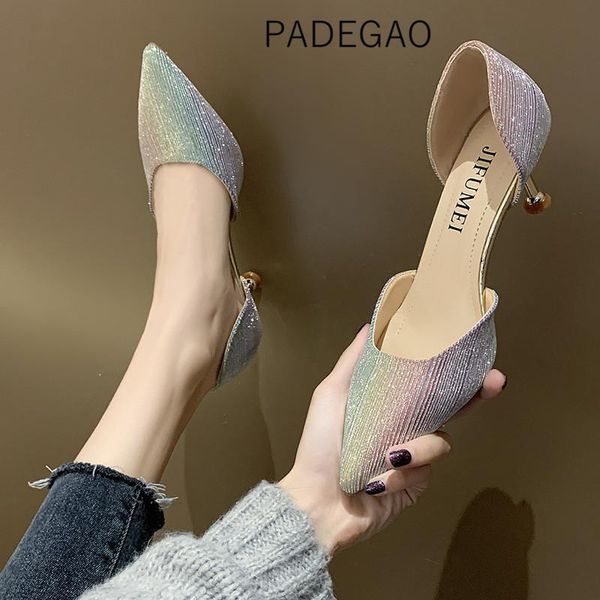 

fashion 2020 women high-heeled pumps elegant shallow slip-on sequined bling shoes for ladies, Black