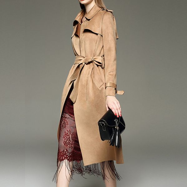 

autumn winter suede women's long trench coats camel sashes windbreaker coat pink armygreen gray outerwear 1028, Tan;black