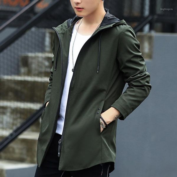 

2020 autumn mens trench coat men simple korean casual solid windbreaker mid-length hooded jacket fashion tide men's clothing1, Tan;black