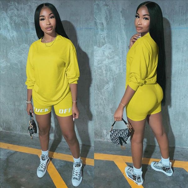 

new letter print two piece outfits set women tracksuit 2021 summer long sleeve t shirt biker shorts jogger suits sets, Gray
