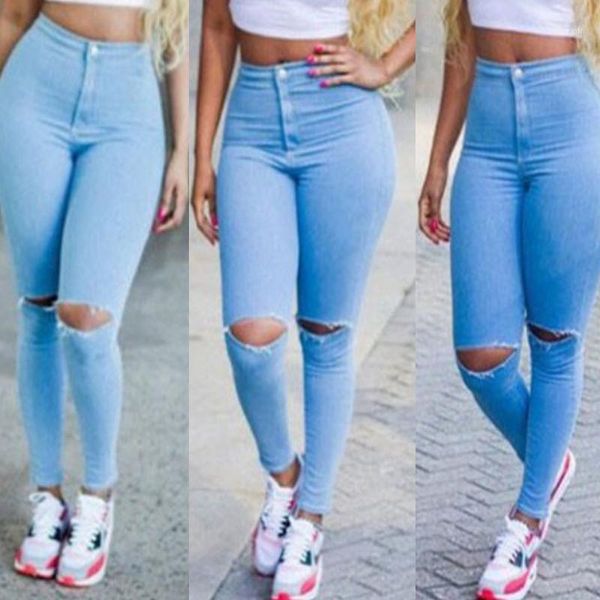 

2020 new fashion trousers stretch comfort casual high waist women denim ripped skinny broken pants pencil stretch jeans1, Blue