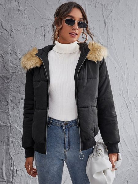 

o-ring zipper up fuzzy hooded padded jacket e8cz#, Black