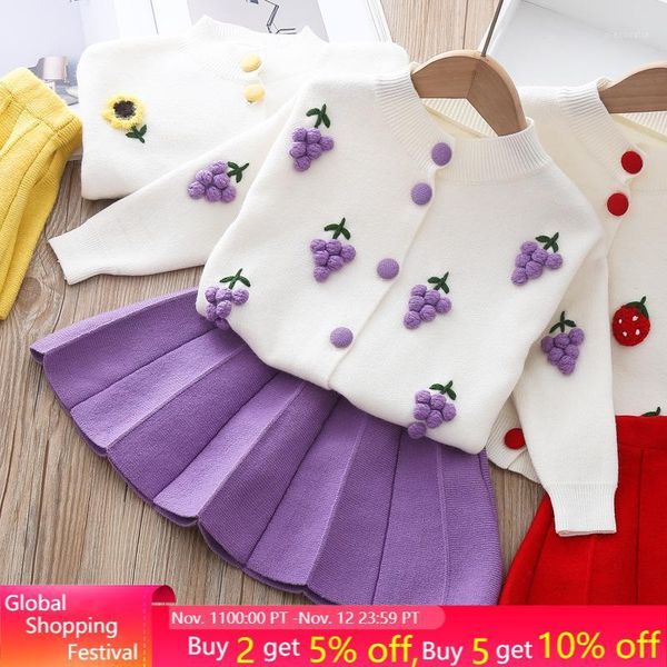 

clothing sets 2021 style girls christmas autumn knitted piece girl's cute sweater suit skirt warm cardigan pleated girl set1, White