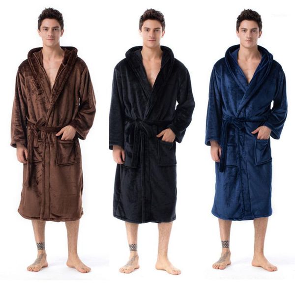 

men flannel robes navy blue hooded bathrobe with sashes winter soft 2xl indoor homewear long pockets pajamas sleepwear1, Black;brown