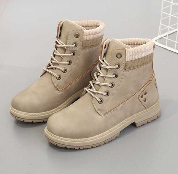 

2020 fashion women boots black lace-up autumn and winter pu leather comfortable plush snow boots outdoor low heels women's shoe