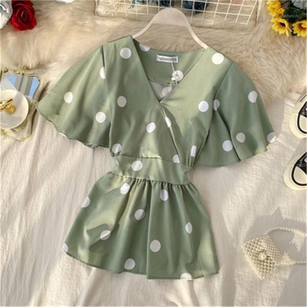 

autumn skinny shirts butterfly sleeve v-neck polka dot print slim 2020 korean fashion women shirt ruffles elegant blouse 1, White