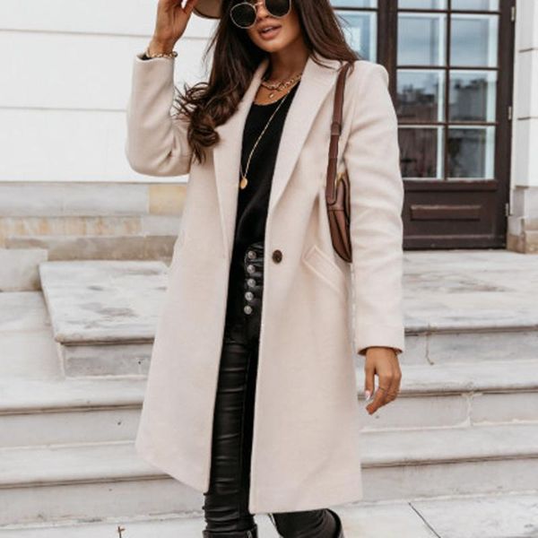 

women's wool & blends turn-down collar faux coat for women solid color autumn winter overcoat female outwear briefness, Black