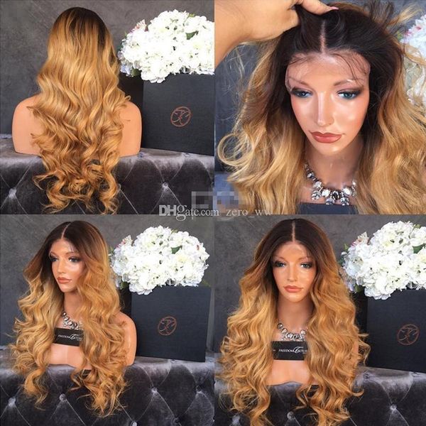 

brazilian ombre body wavy glueless full lace human hair wigs 1b 27 honey blonde two tone lace front wigs 130 density bleached knots, Black;brown