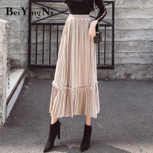 

beiyingni autumn winter pleated skirt women velvet warm patchwork high waist maxi long fashion vintage chic casual skirt ladies1, Black