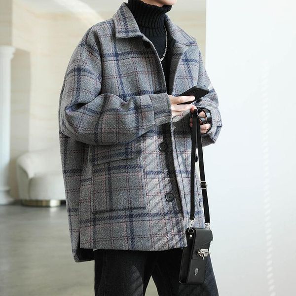 

men's wool & blends 2021 winter fashion snow jackets male loose woolen plaid cashmere trench coats 3-color windbreaker m-2xl, Black