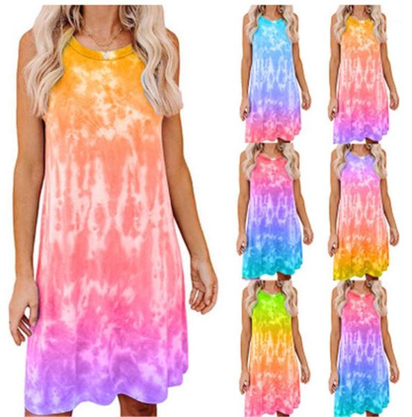 

female sleeveless short skirt tie dye printed women dress designer gradient loose vest t-shirt casual round neck dress fashion new, Black;gray