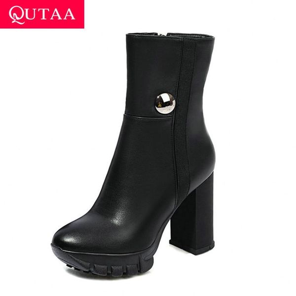 

boots qutaa 2021 metal buckle round toe ankle autumn winter platform zipper short boot pu square high heel women shoes size34-43, Black